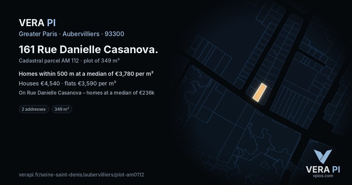 161 Rue Danielle Casanova, Aubervilliers at night – the plot lit, the parcels around coloured by the prices near them