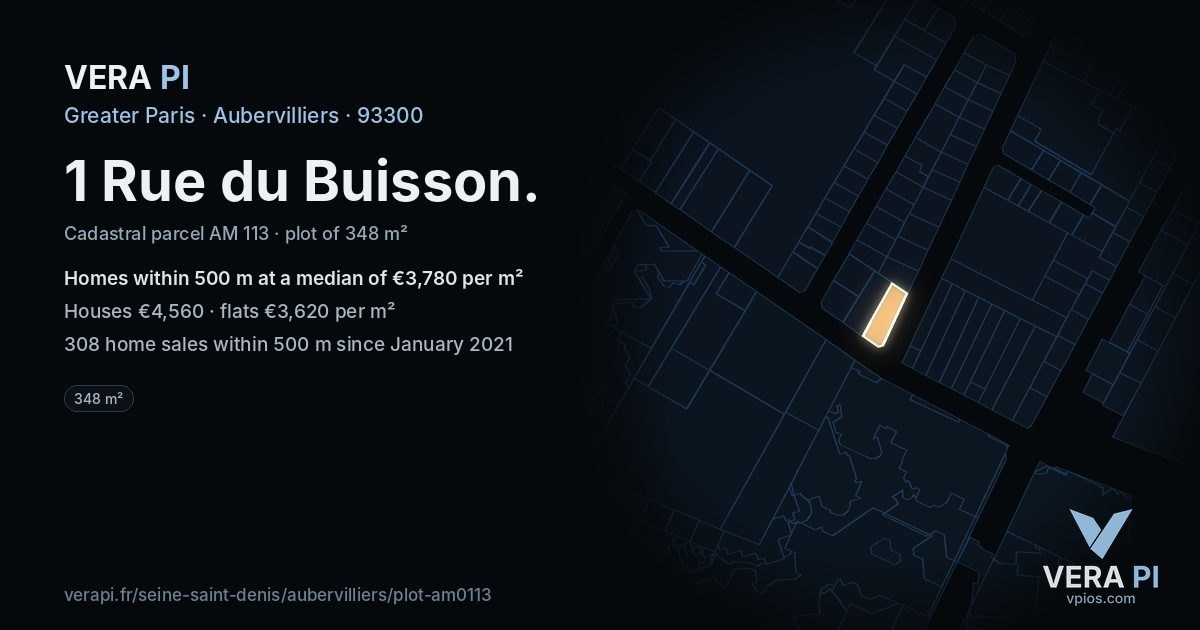 1 Rue du Buisson, Aubervilliers at night – the plot lit, the parcels around coloured by the prices near them