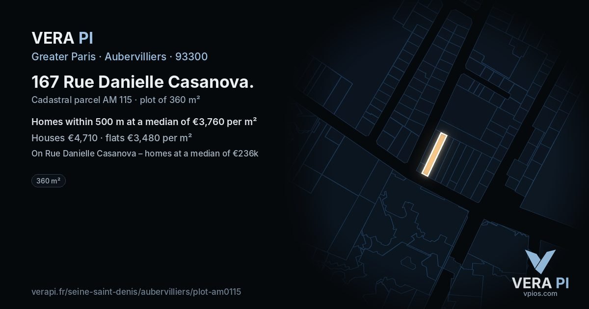 167 Rue Danielle Casanova, Aubervilliers at night – the plot lit, the parcels around coloured by the prices near them
