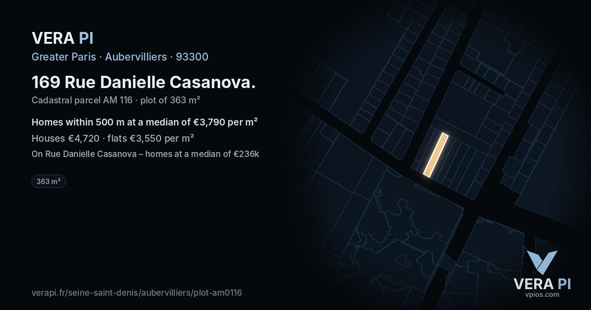 169 Rue Danielle Casanova, Aubervilliers at night – the plot lit, the parcels around coloured by the prices near them
