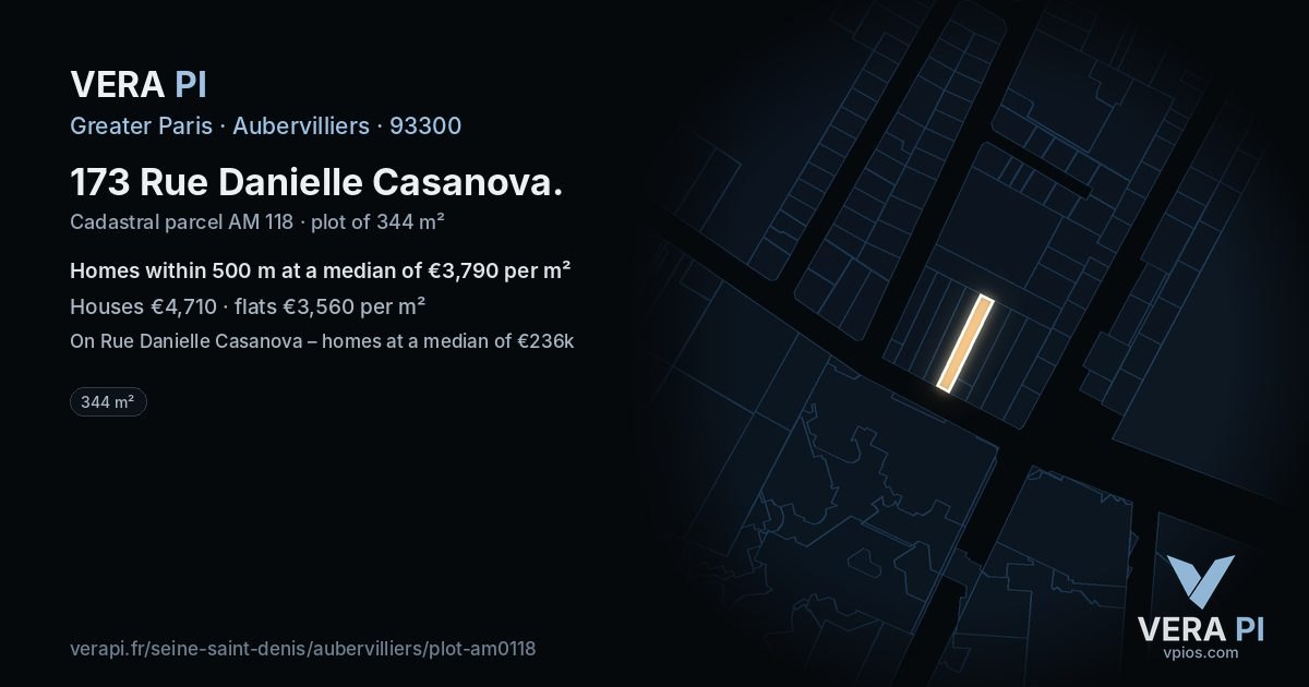 173 Rue Danielle Casanova, Aubervilliers at night – the plot lit, the parcels around coloured by the prices near them