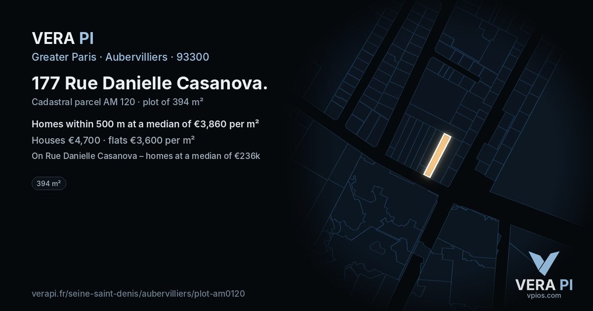 177 Rue Danielle Casanova, Aubervilliers at night – the plot lit, the parcels around coloured by the prices near them