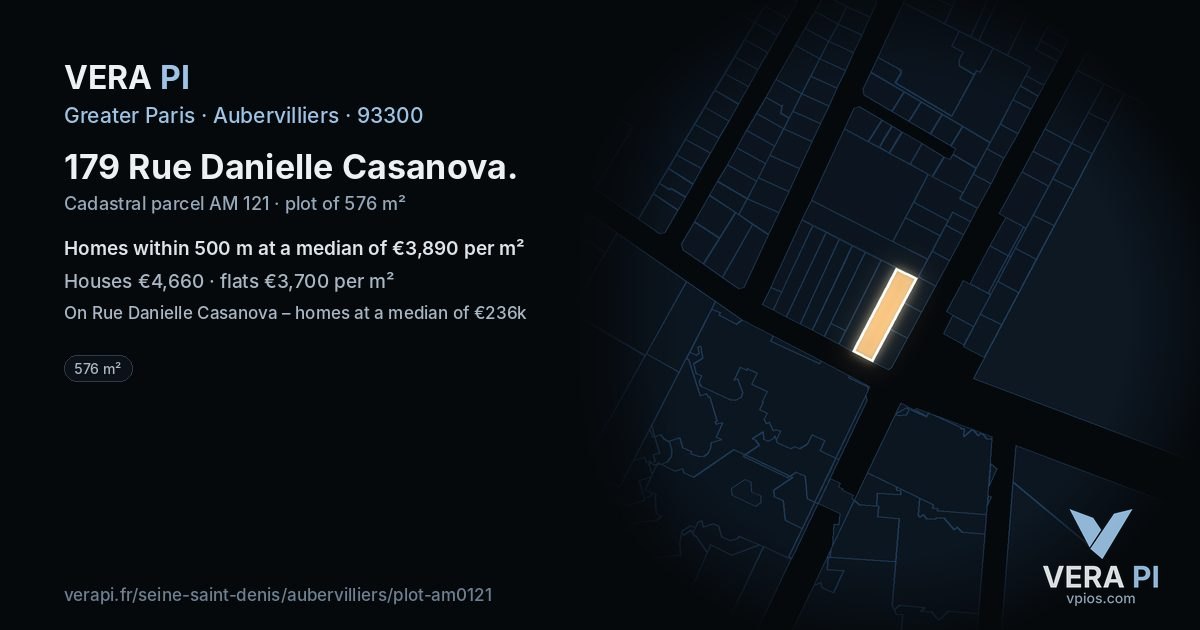 179 Rue Danielle Casanova, Aubervilliers at night – the plot lit, the parcels around coloured by the prices near them
