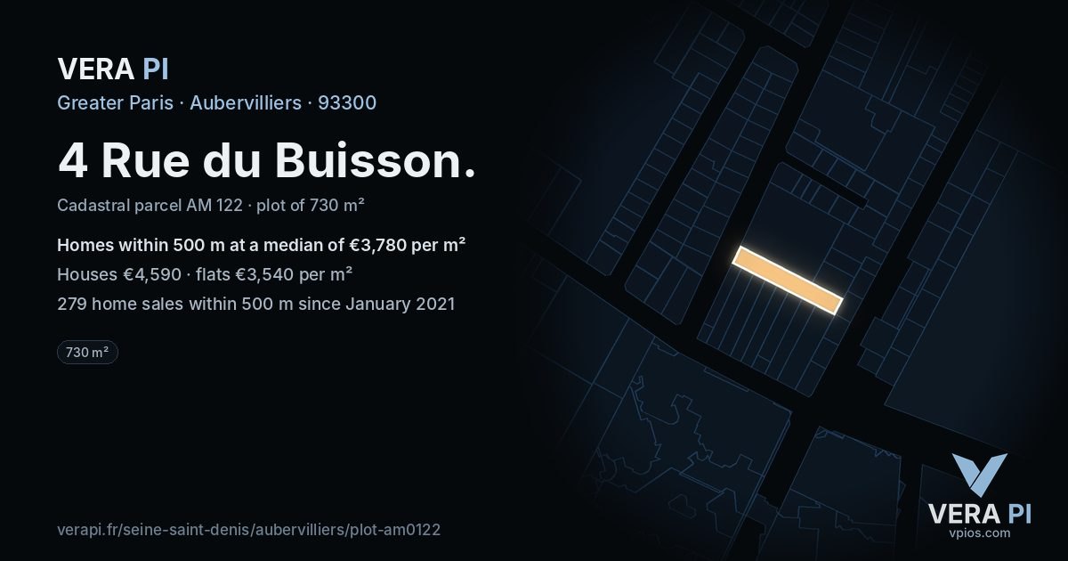 4 Rue du Buisson, Aubervilliers at night – the plot lit, the parcels around coloured by the prices near them