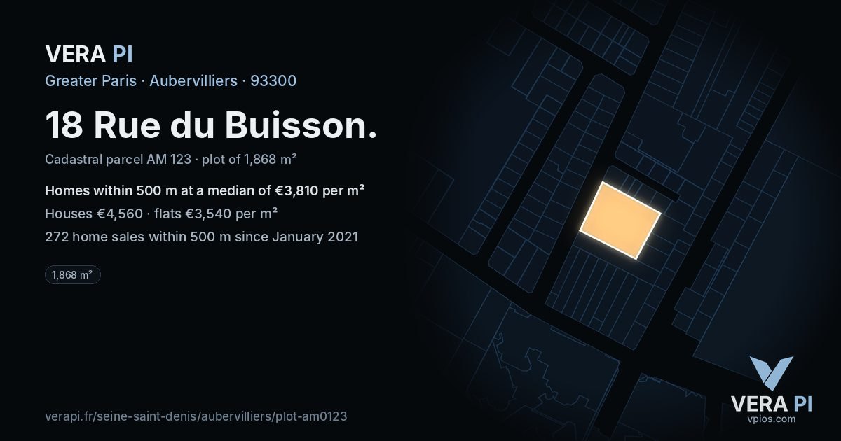 18 Rue du Buisson, Aubervilliers at night – the plot lit, the parcels around coloured by the prices near them