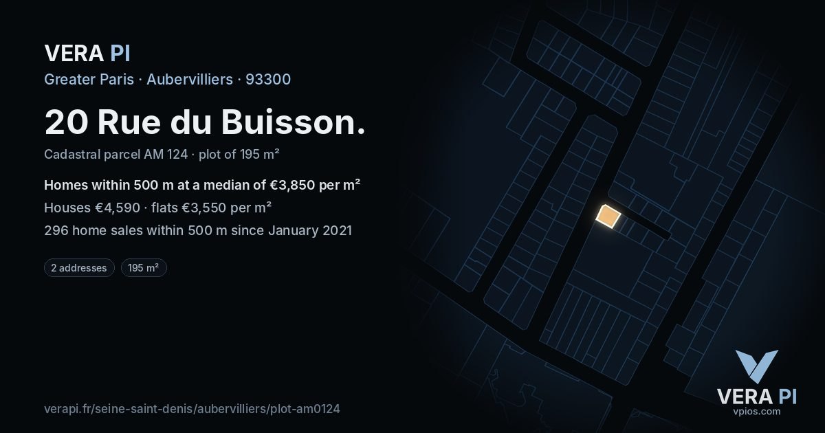 20 Rue du Buisson, Aubervilliers at night – the plot lit, the parcels around coloured by the prices near them