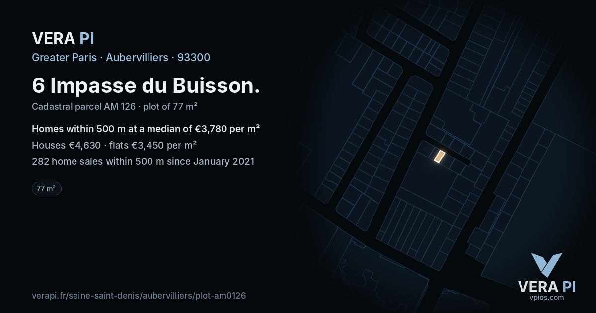 6 Impasse du Buisson, Aubervilliers at night – the plot lit, the parcels around coloured by the prices near them