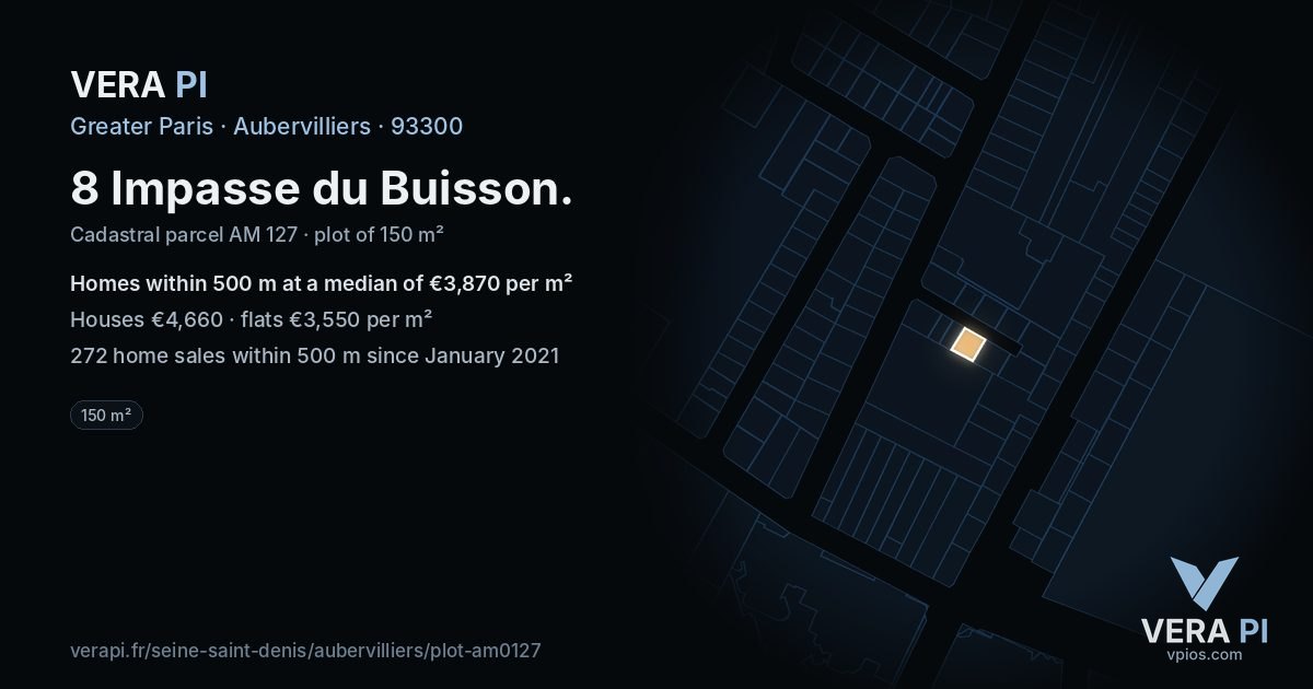 8 Impasse du Buisson, Aubervilliers at night – the plot lit, the parcels around coloured by the prices near them