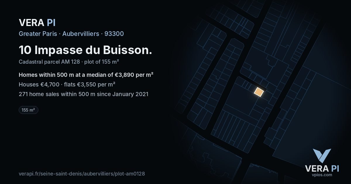 10 Impasse du Buisson, Aubervilliers at night – the plot lit, the parcels around coloured by the prices near them