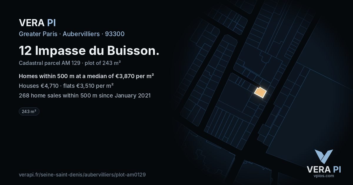 12 Impasse du Buisson, Aubervilliers at night – the plot lit, the parcels around coloured by the prices near them