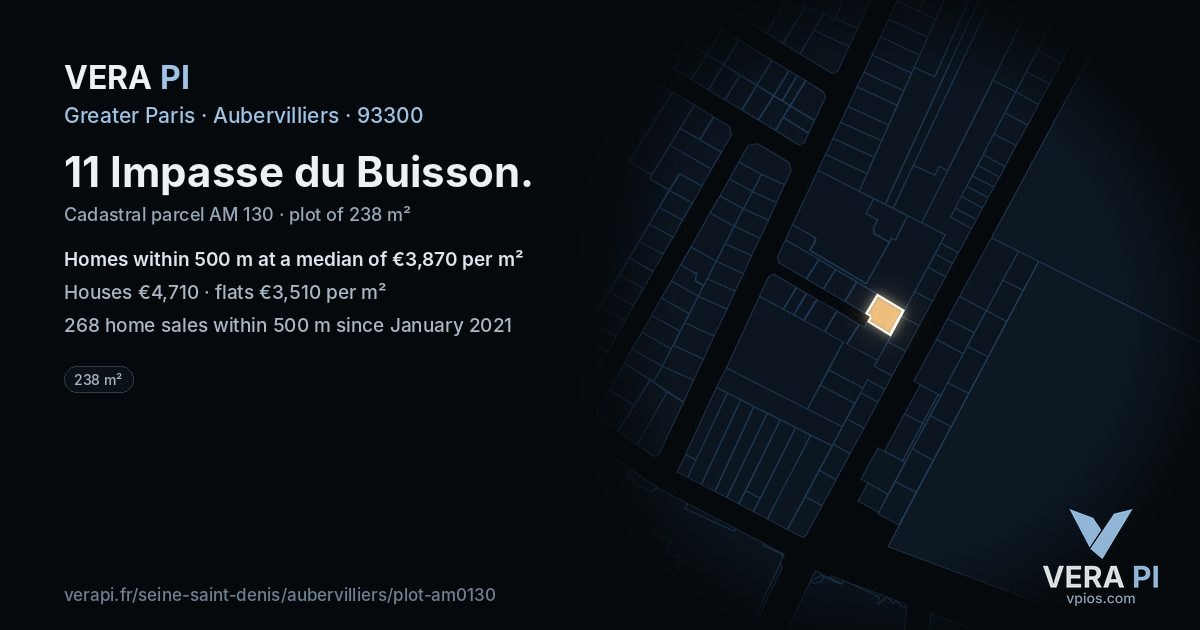 11 Impasse du Buisson, Aubervilliers at night – the plot lit, the parcels around coloured by the prices near them
