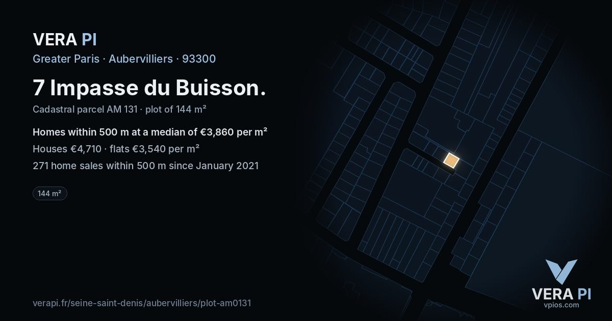7 Impasse du Buisson, Aubervilliers at night – the plot lit, the parcels around coloured by the prices near them