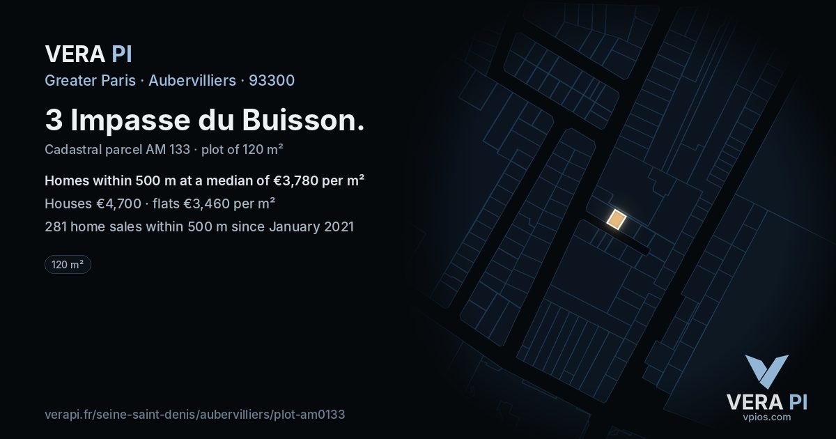 3 Impasse du Buisson, Aubervilliers at night – the plot lit, the parcels around coloured by the prices near them