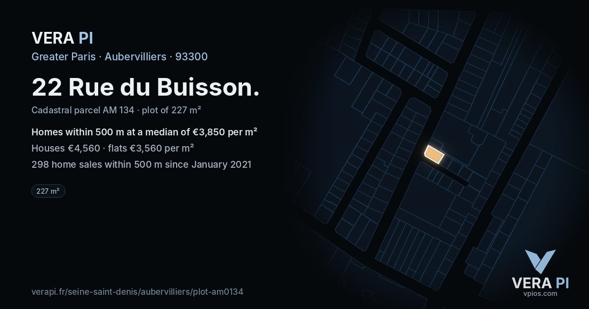 22 Rue du Buisson, Aubervilliers at night – the plot lit, the parcels around coloured by the prices near them