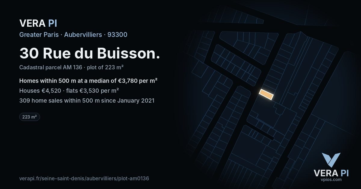 30 Rue du Buisson, Aubervilliers at night – the plot lit, the parcels around coloured by the prices near them