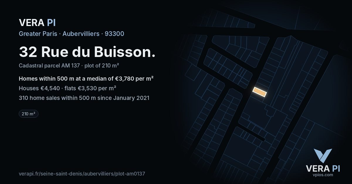 32 Rue du Buisson, Aubervilliers at night – the plot lit, the parcels around coloured by the prices near them