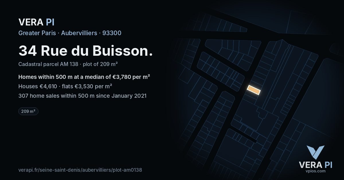 34 Rue du Buisson, Aubervilliers at night – the plot lit, the parcels around coloured by the prices near them