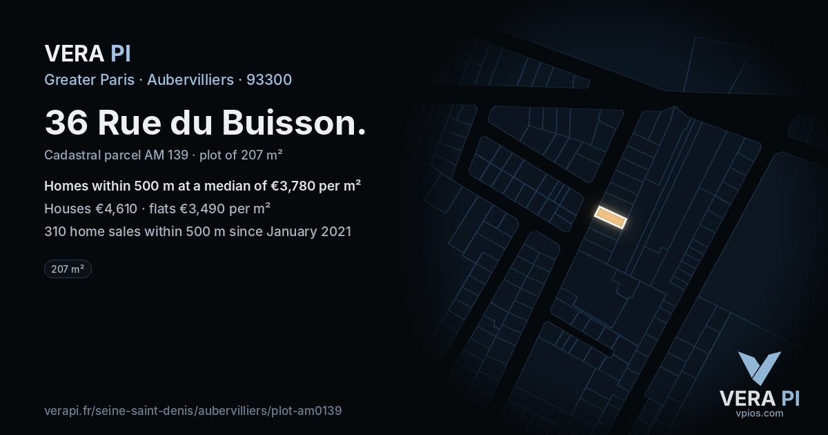 36 Rue du Buisson, Aubervilliers at night – the plot lit, the parcels around coloured by the prices near them