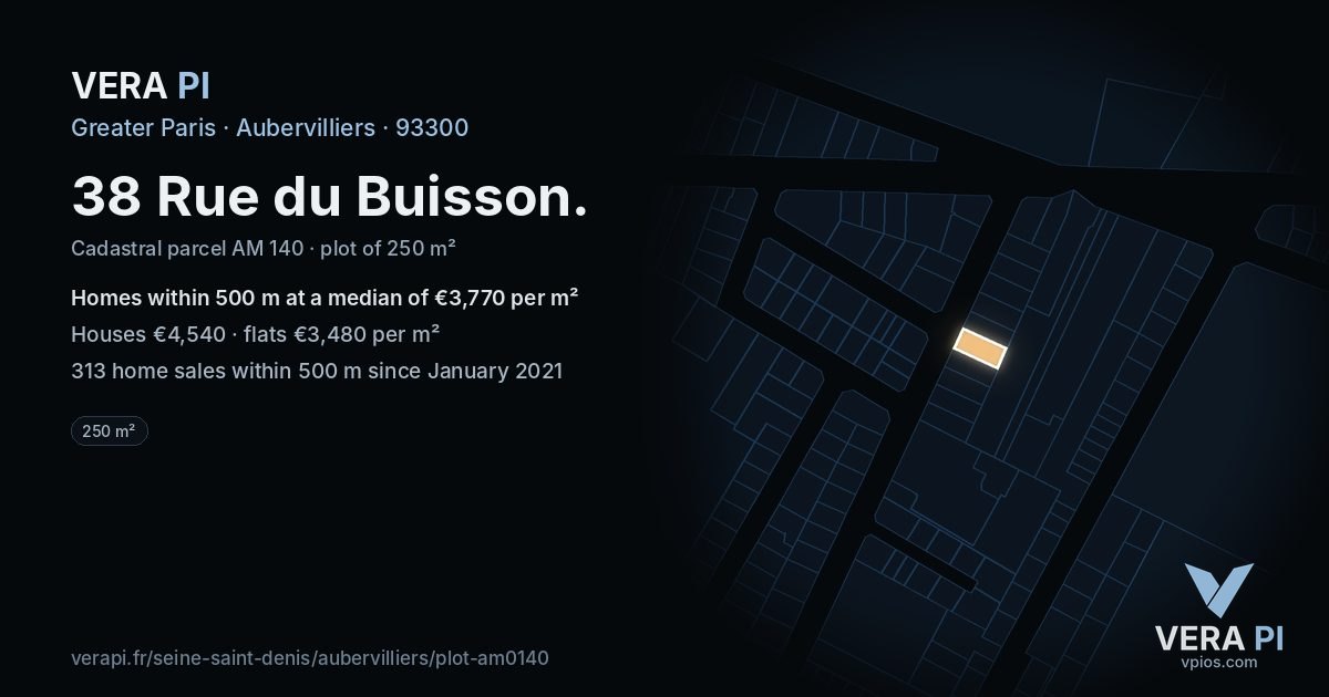 38 Rue du Buisson, Aubervilliers at night – the plot lit, the parcels around coloured by the prices near them