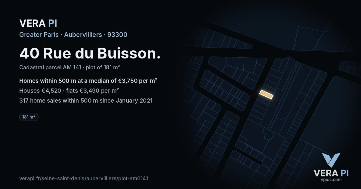 40 Rue du Buisson, Aubervilliers at night – the plot lit, the parcels around coloured by the prices near them
