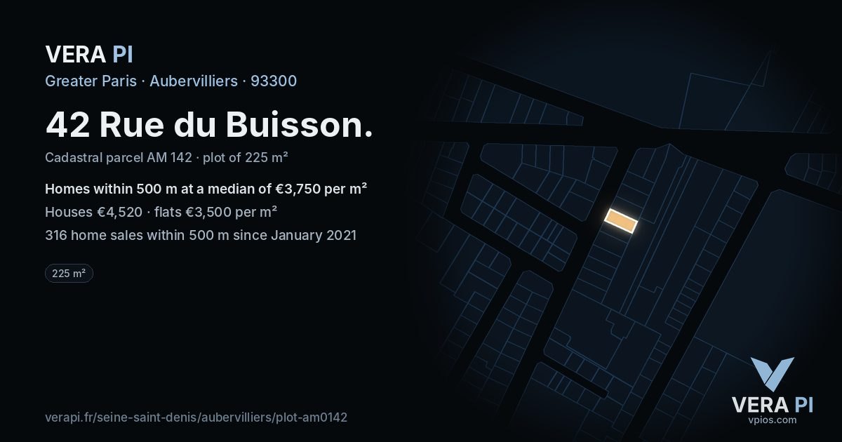 42 Rue du Buisson, Aubervilliers at night – the plot lit, the parcels around coloured by the prices near them