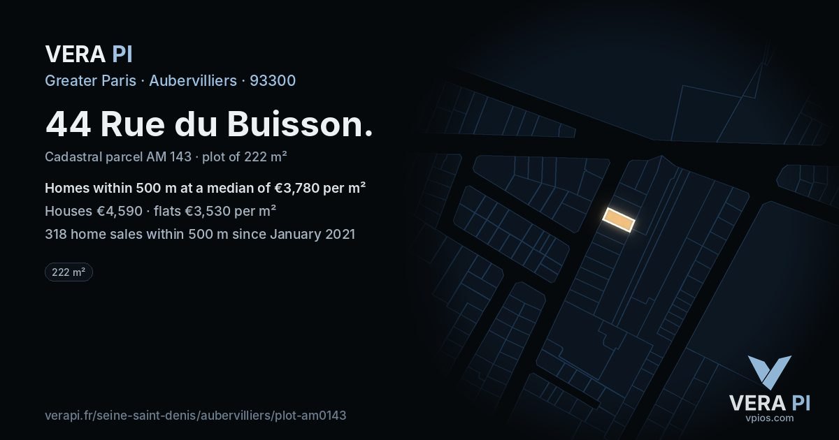 44 Rue du Buisson, Aubervilliers at night – the plot lit, the parcels around coloured by the prices near them