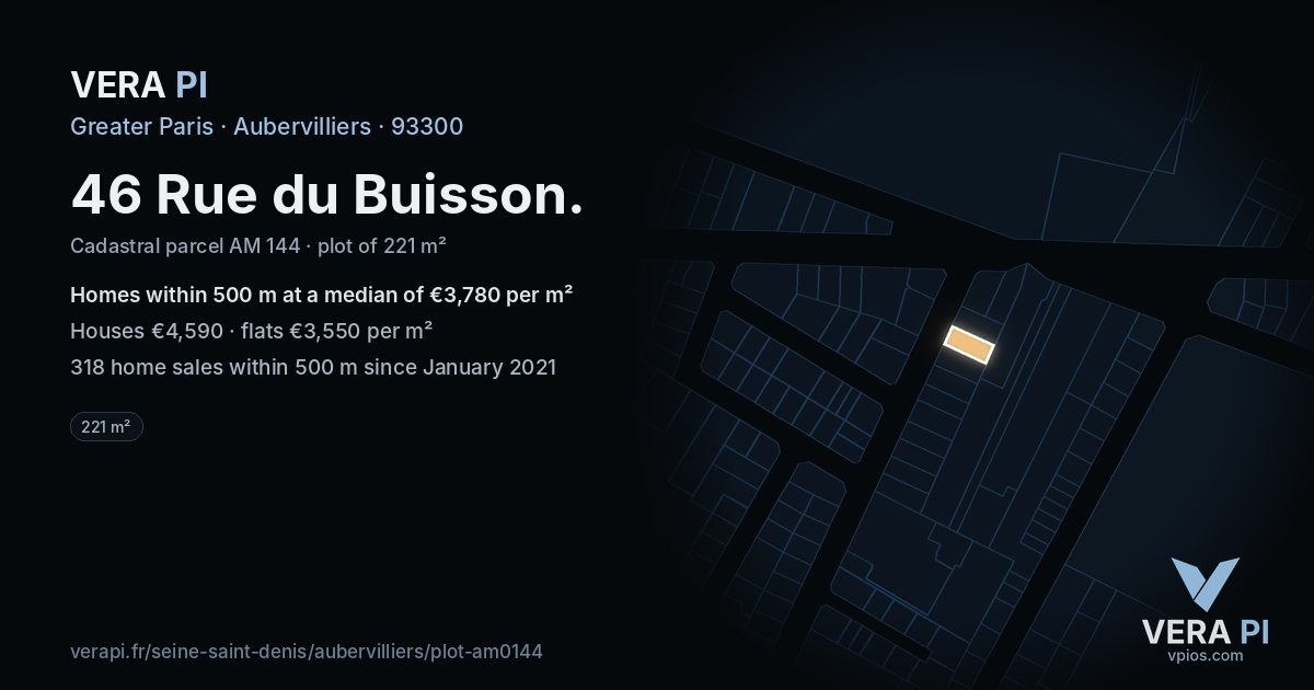 46 Rue du Buisson, Aubervilliers at night – the plot lit, the parcels around coloured by the prices near them