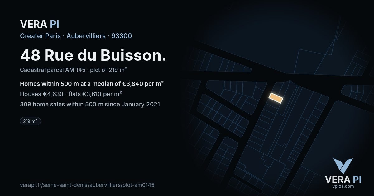 48 Rue du Buisson, Aubervilliers at night – the plot lit, the parcels around coloured by the prices near them