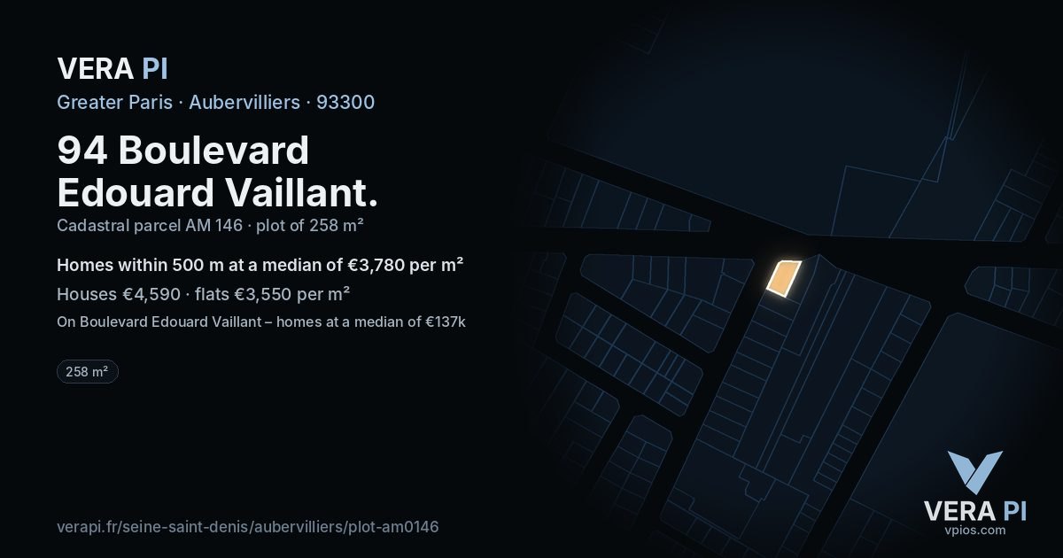 94 Boulevard Edouard Vaillant, Aubervilliers at night – the plot lit, the parcels around coloured by the prices near them