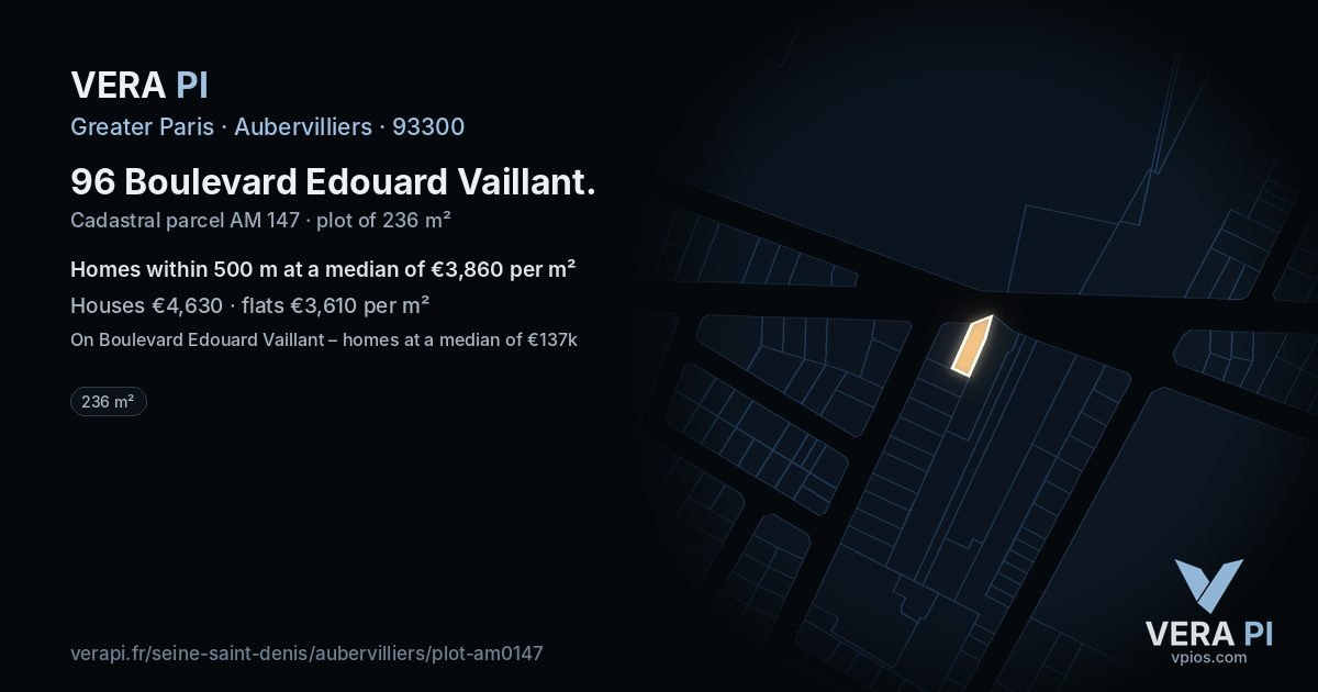 96 Boulevard Edouard Vaillant, Aubervilliers at night – the plot lit, the parcels around coloured by the prices near them
