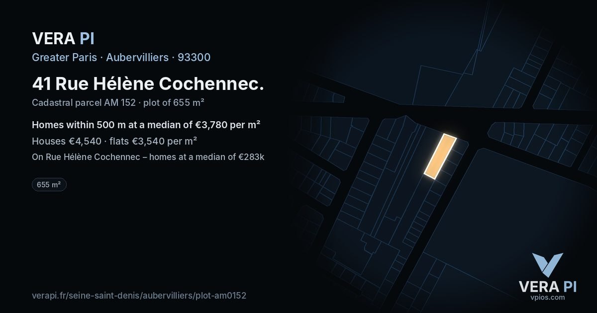 41 Rue Hélène Cochennec, Aubervilliers at night – the plot lit, the parcels around coloured by the prices near them