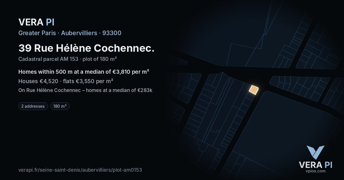39 Rue Hélène Cochennec, Aubervilliers at night – the plot lit, the parcels around coloured by the prices near them