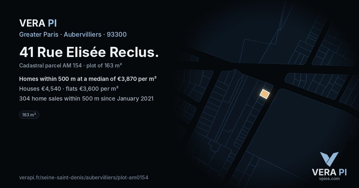 41 Rue Elisée Reclus, Aubervilliers at night – the plot lit, the parcels around coloured by the prices near them