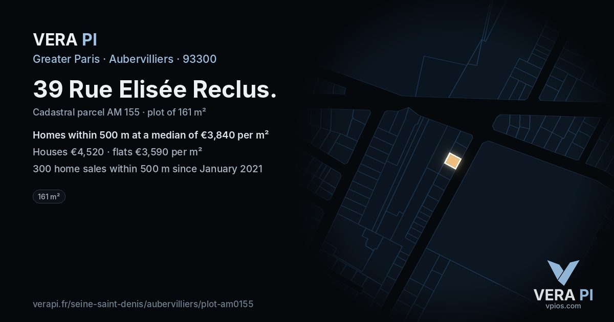 39 Rue Elisée Reclus, Aubervilliers at night – the plot lit, the parcels around coloured by the prices near them