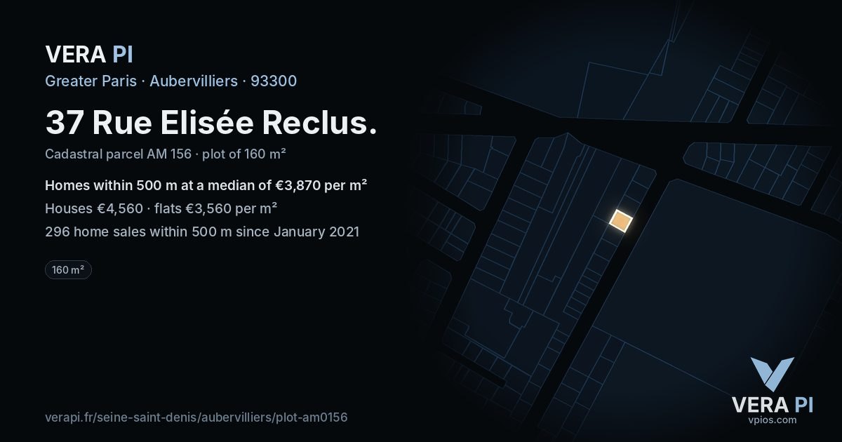 37 Rue Elisée Reclus, Aubervilliers at night – the plot lit, the parcels around coloured by the prices near them
