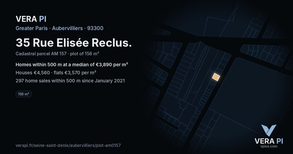 35 Rue Elisée Reclus, Aubervilliers at night – the plot lit, the parcels around coloured by the prices near them