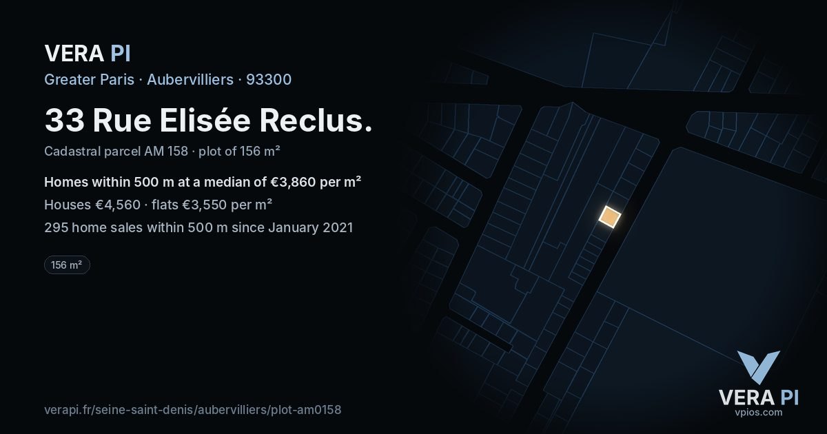 33 Rue Elisée Reclus, Aubervilliers at night – the plot lit, the parcels around coloured by the prices near them