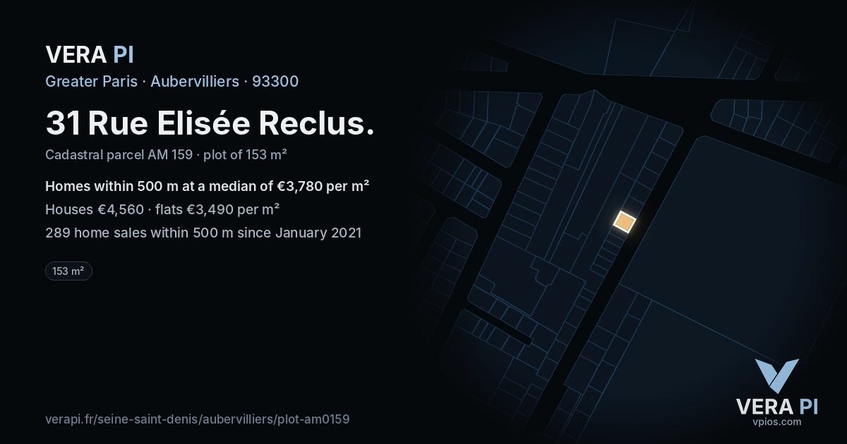 31 Rue Elisée Reclus, Aubervilliers at night – the plot lit, the parcels around coloured by the prices near them