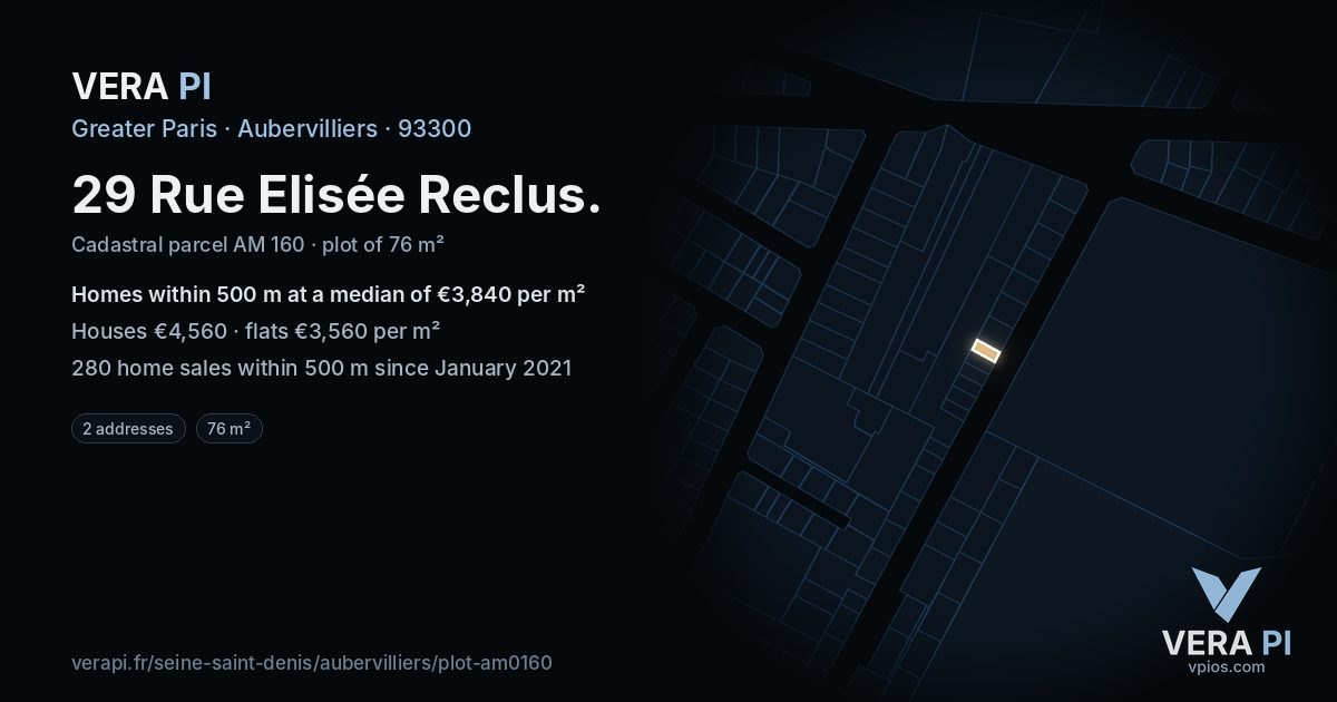 29 Rue Elisée Reclus, Aubervilliers at night – the plot lit, the parcels around coloured by the prices near them