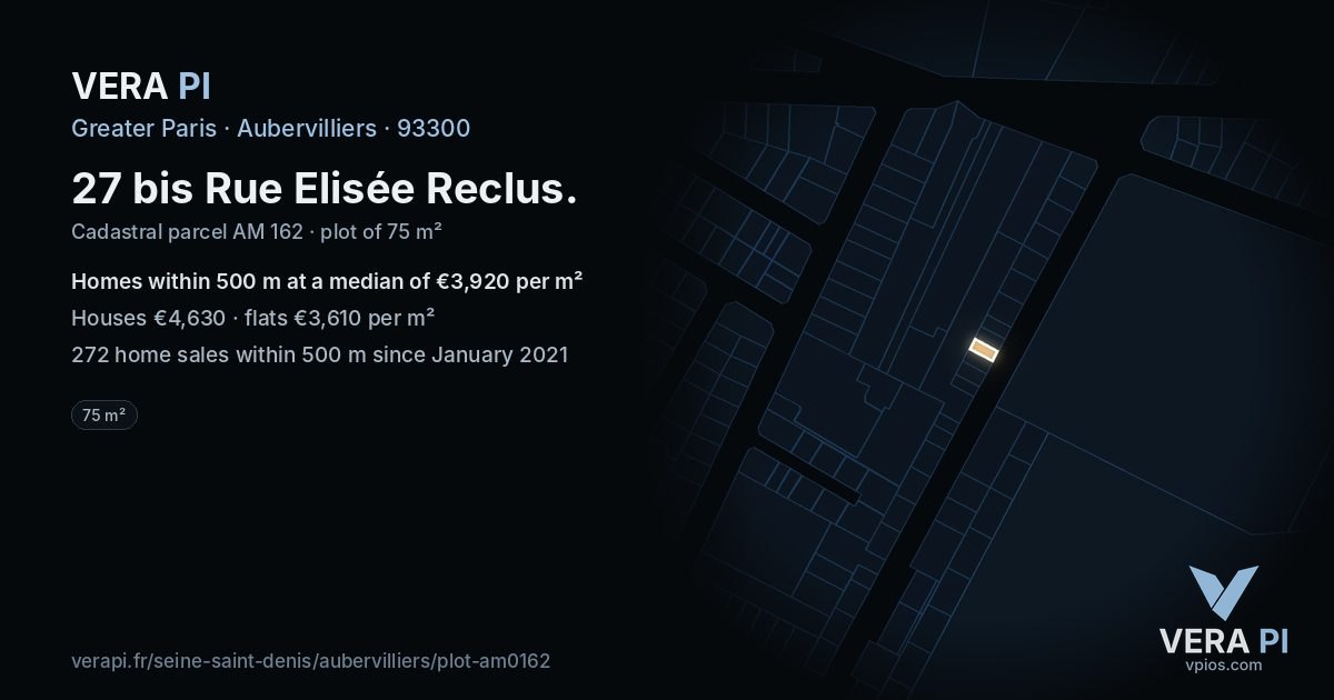 27 bis Rue Elisée Reclus, Aubervilliers at night – the plot lit, the parcels around coloured by the prices near them
