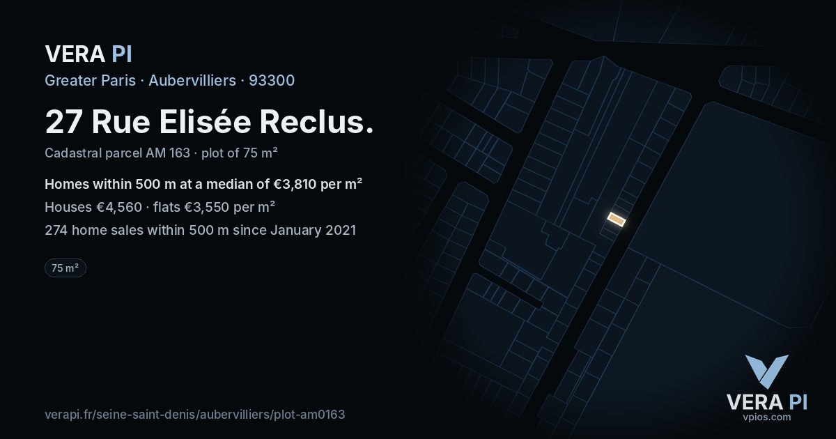 27 Rue Elisée Reclus, Aubervilliers at night – the plot lit, the parcels around coloured by the prices near them