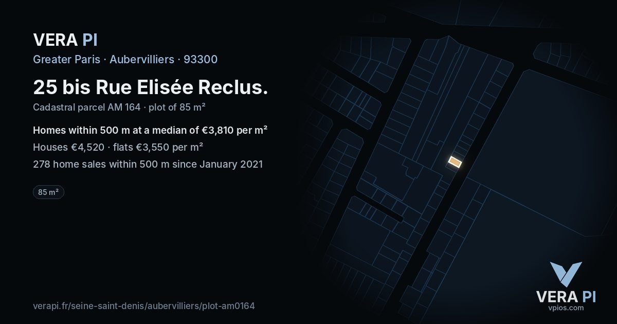 25 bis Rue Elisée Reclus, Aubervilliers at night – the plot lit, the parcels around coloured by the prices near them