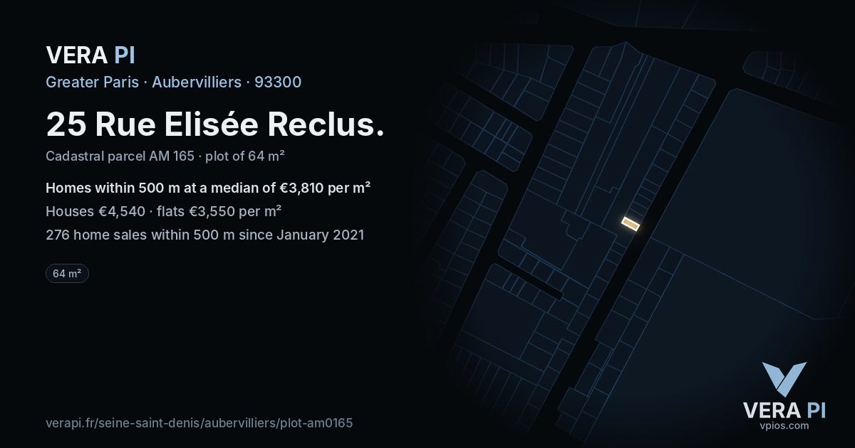 25 Rue Elisée Reclus, Aubervilliers at night – the plot lit, the parcels around coloured by the prices near them