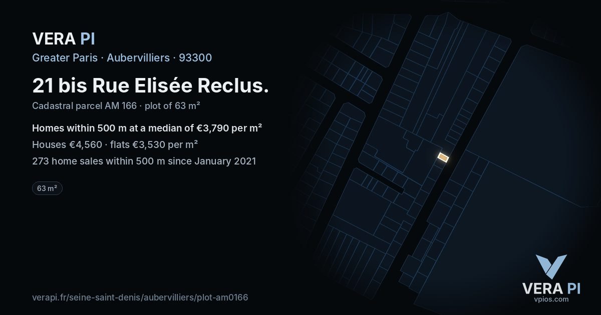 21 bis Rue Elisée Reclus, Aubervilliers at night – the plot lit, the parcels around coloured by the prices near them