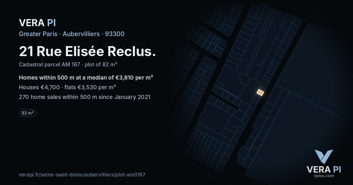 21 Rue Elisée Reclus, Aubervilliers at night – the plot lit, the parcels around coloured by the prices near them
