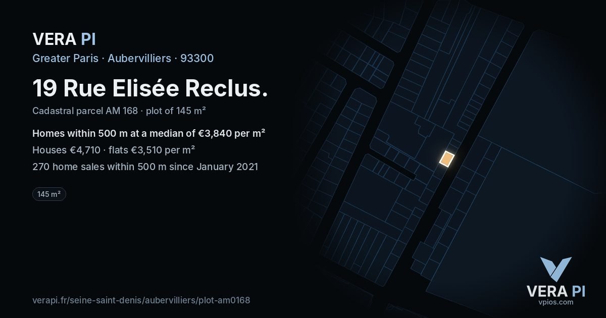 19 Rue Elisée Reclus, Aubervilliers at night – the plot lit, the parcels around coloured by the prices near them