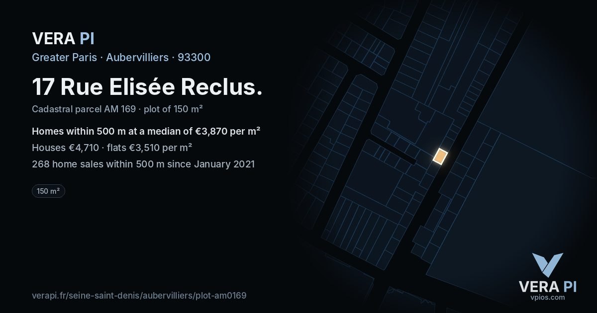 17 Rue Elisée Reclus, Aubervilliers at night – the plot lit, the parcels around coloured by the prices near them