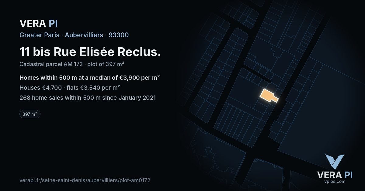 11 bis Rue Elisée Reclus, Aubervilliers at night – the plot lit, the parcels around coloured by the prices near them