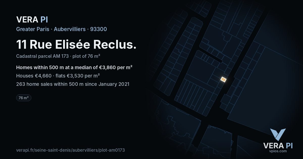 11 Rue Elisée Reclus, Aubervilliers at night – the plot lit, the parcels around coloured by the prices near them