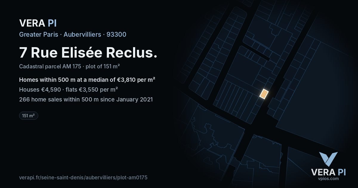 7 Rue Elisée Reclus, Aubervilliers at night – the plot lit, the parcels around coloured by the prices near them